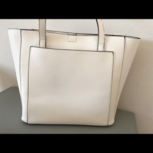 Love Vook tote. Color creme. 14”L across top, 12”L across bottom, 11”H X 5”W.